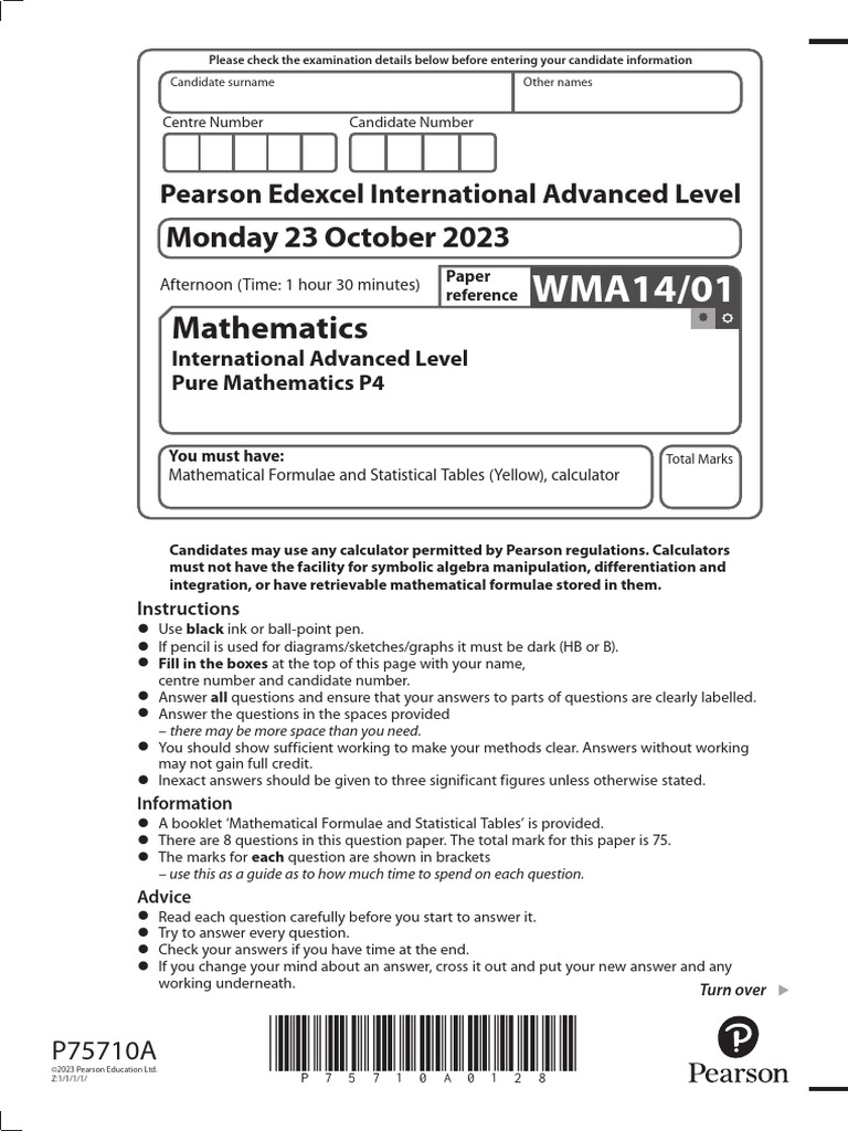 Edexcel A Level Pure Maths P4 Oct 2023 | PDF | Mathematics | Area