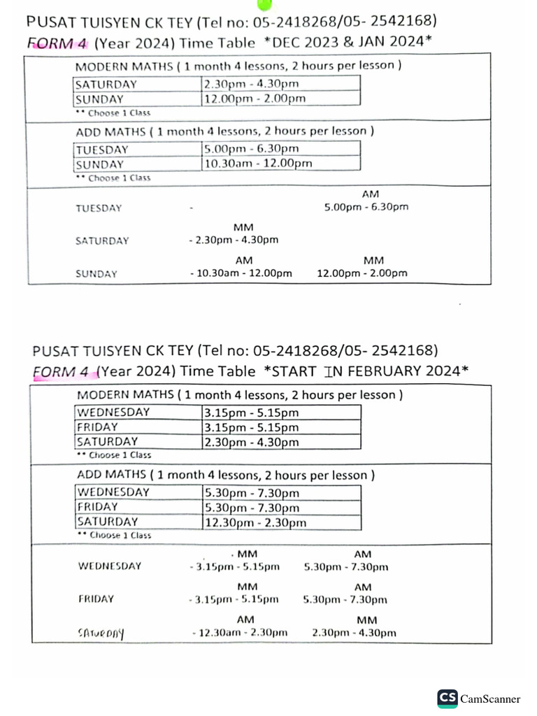 Year 2024 Form 4 Time Table PDF