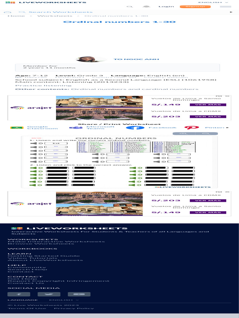Ordinal Numbers 1 30 Worksheet Live Worksheets Pdf
