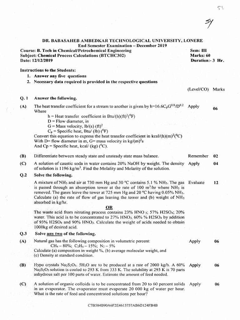 Btech Chem Pe 3 Sem Chemical Process Calculations btchc302 Dec 2019 | PDF
