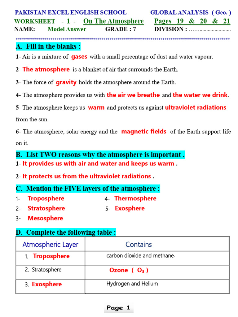 Atmosphere Study Worksheet for Grade 7 | PDF | Atmosphere Of Earth ...