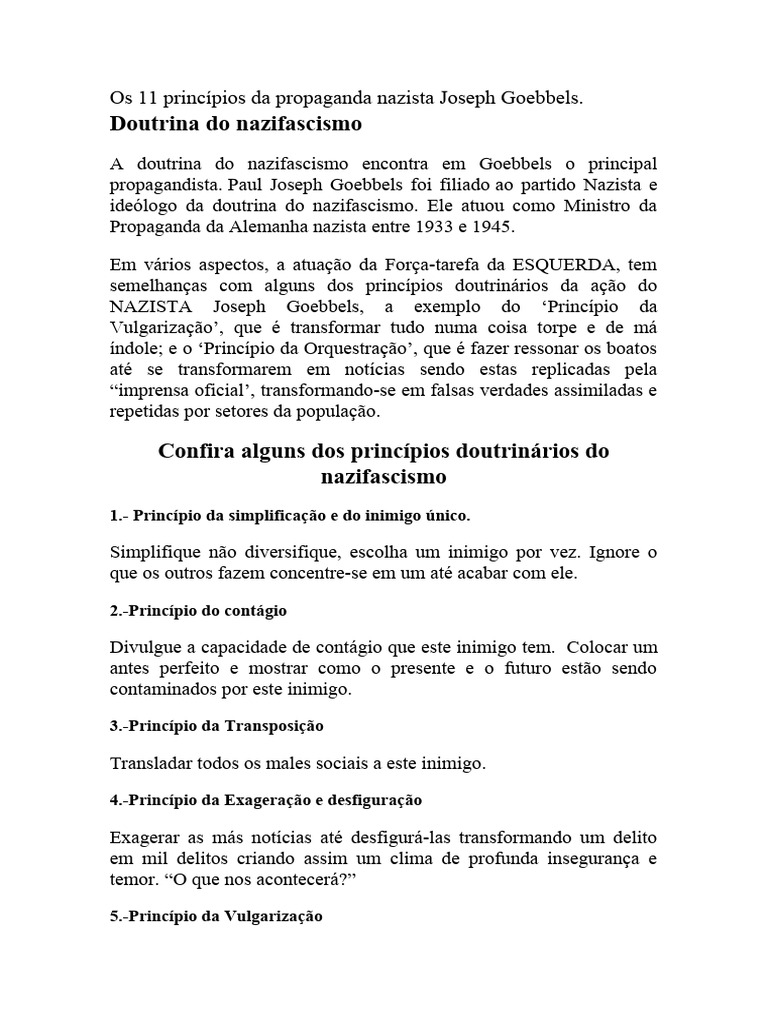 Princípios da Propaganda de Goebbels | PDF | Propagandismo | Alemanha ...