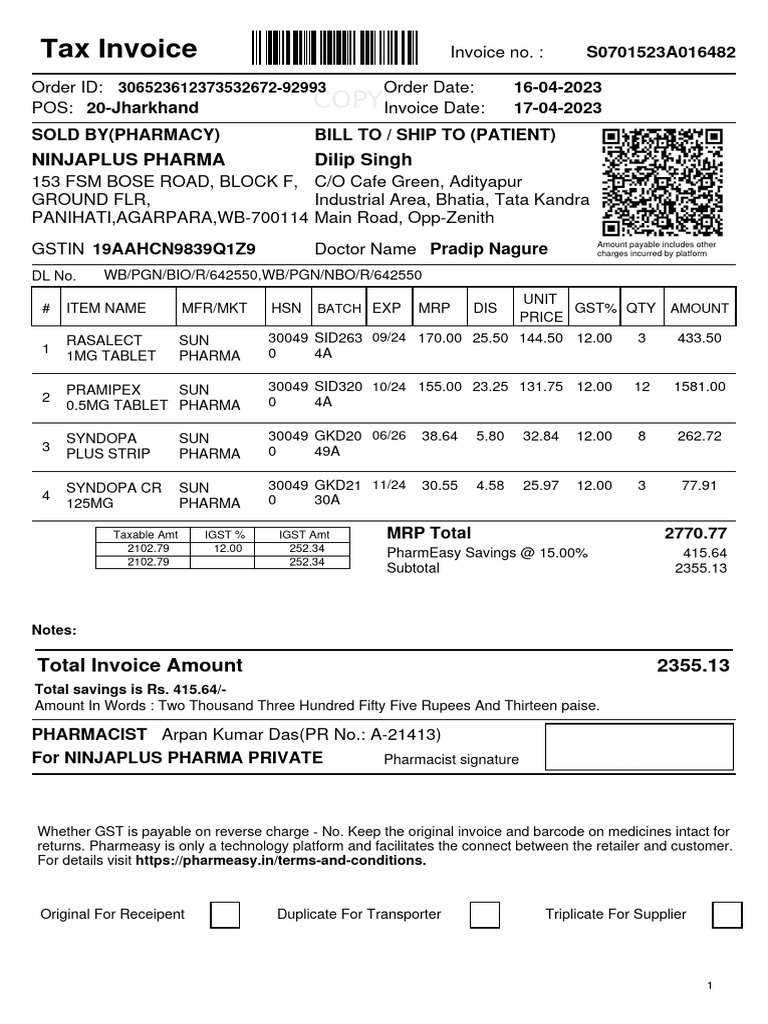 Detailed Tax Invoice from Ninjaplus Pharma | PDF | Finance & Money ...