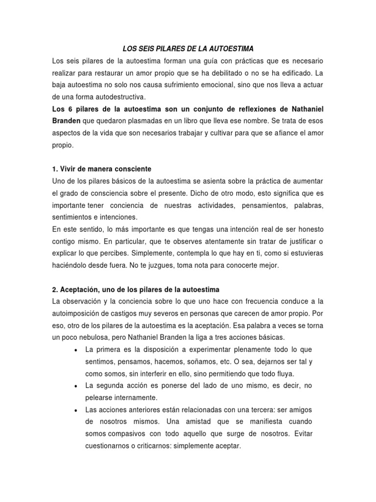 Los Seis Pilares de La Autoestima | PDF