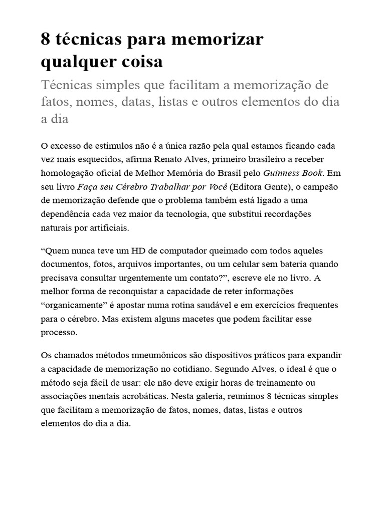 8 Técnicas para Memorizar Qualquer Coisa | PDF