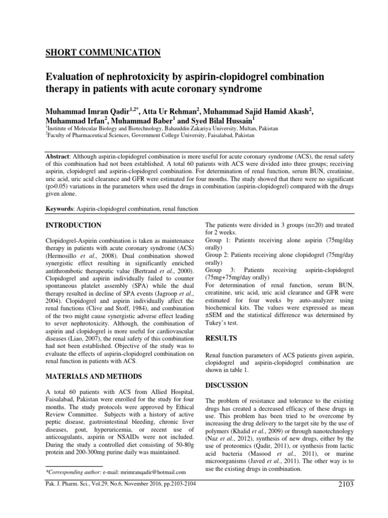 Evaluation of Nephrotoxicity by AspirinClopidogrel Combination Therapy