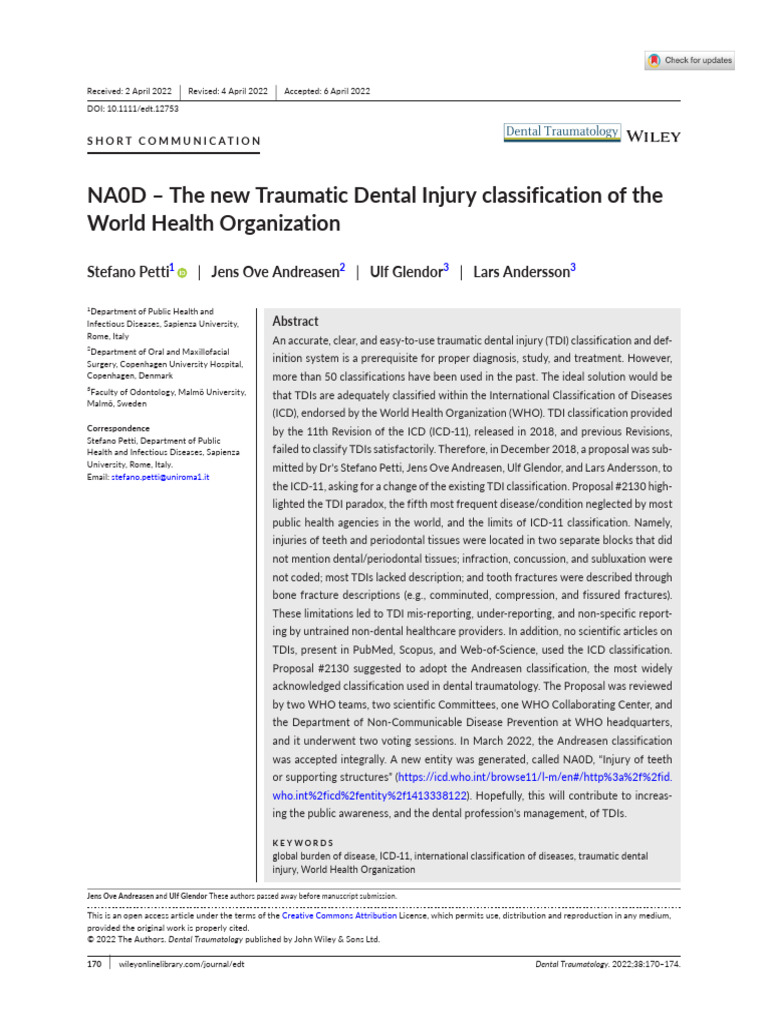 The New Traumatic Dental Injury Classification of The World Health ...