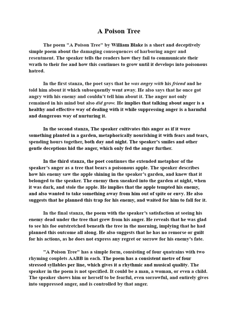 A Poison Tree Google Docs | PDF | Anger | Poetry