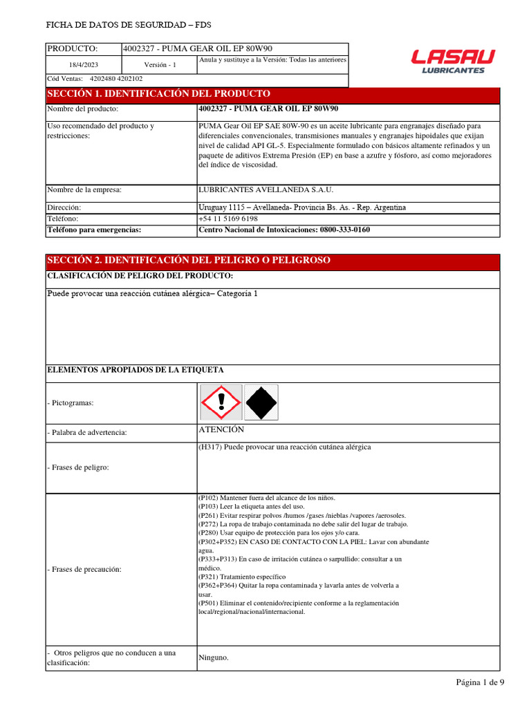 Sección 1. Identificación Del Producto 4002327 PUMA GEAR OIL EP