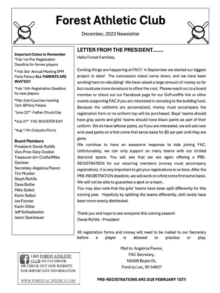 2024 Forest Athletic Club Newsletter Registration Form PDF