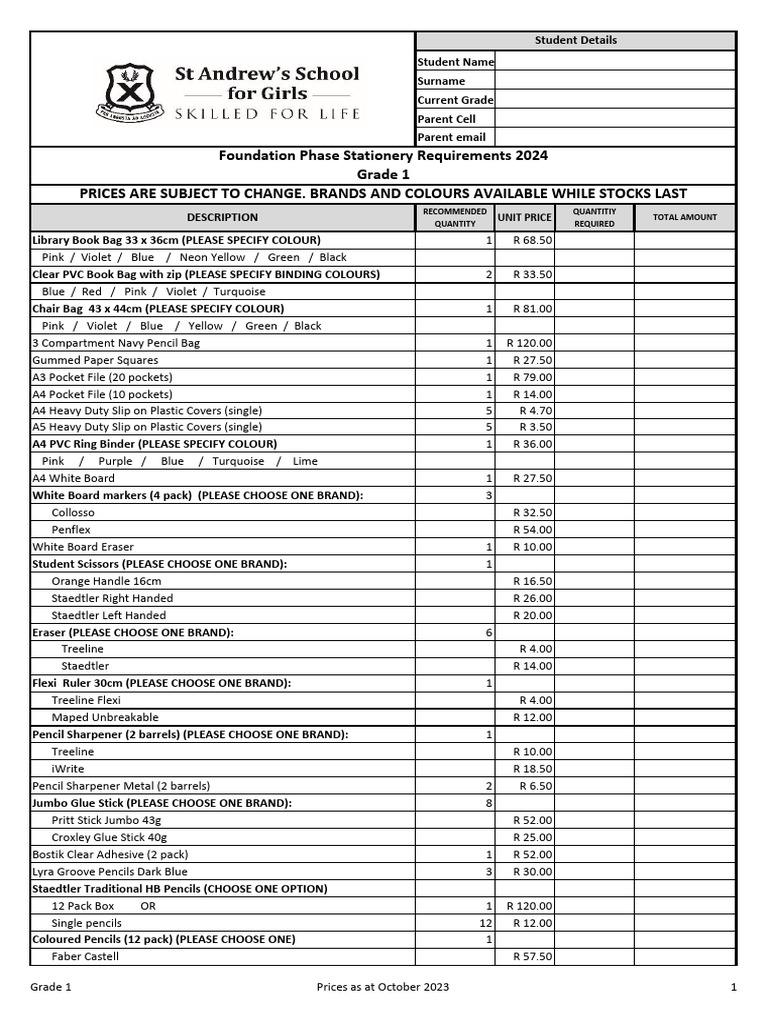 Grade 1 Stationery Order Forms 2024 | PDF