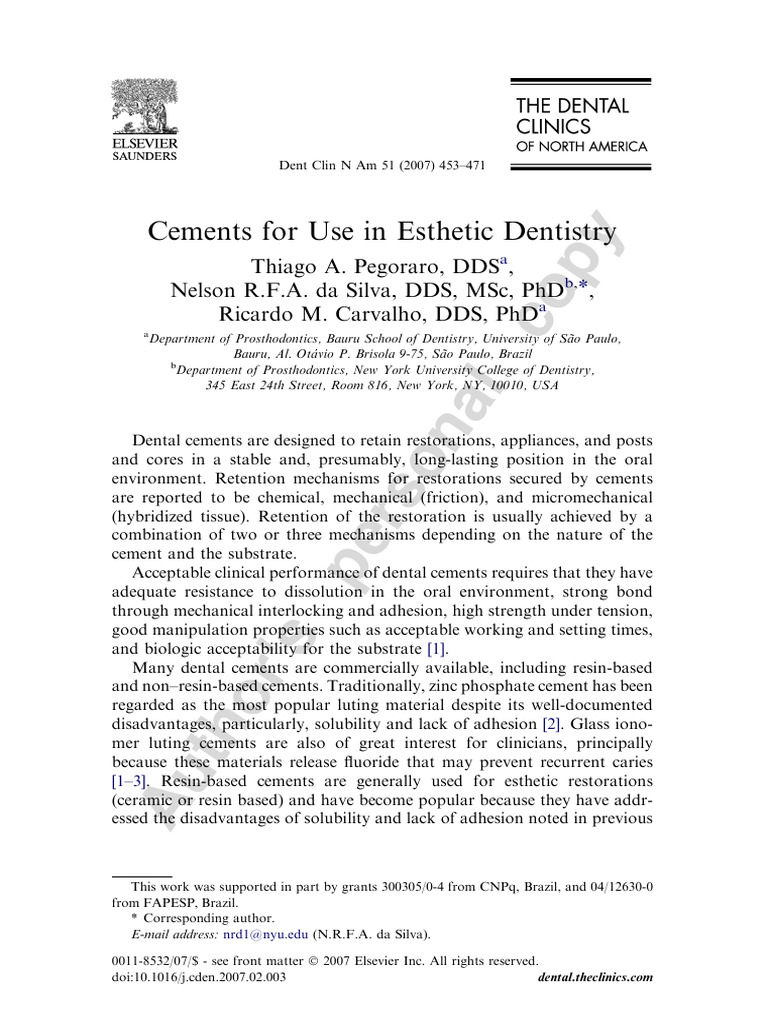 Cements For Use in Esthetic Dentistry | PDF | Physical Sciences ...