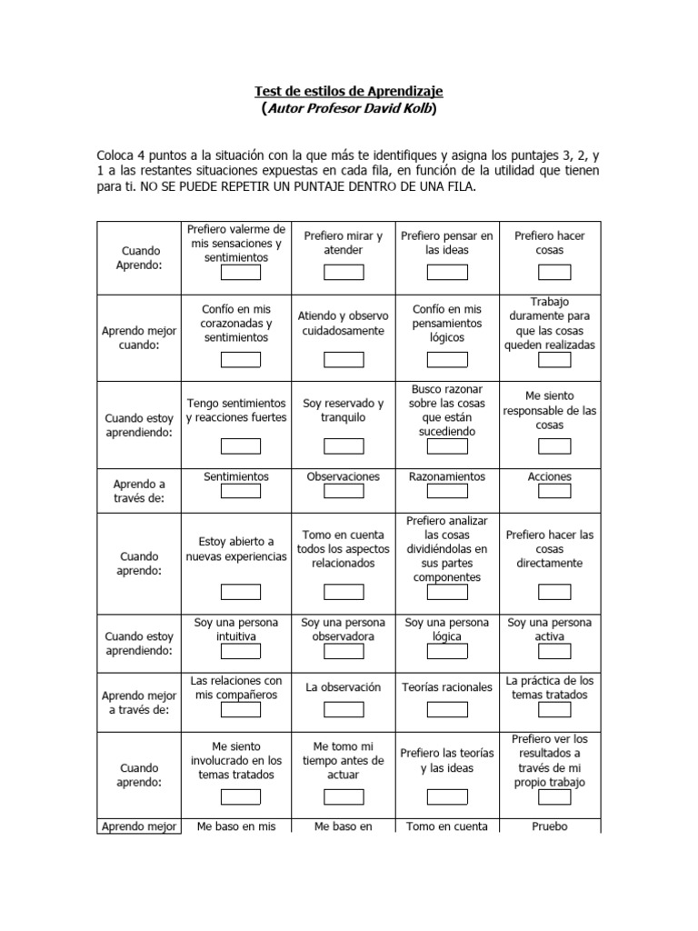 Test de Estilos de Aprendizaje Kolb | PDF | Relaciones personales ...