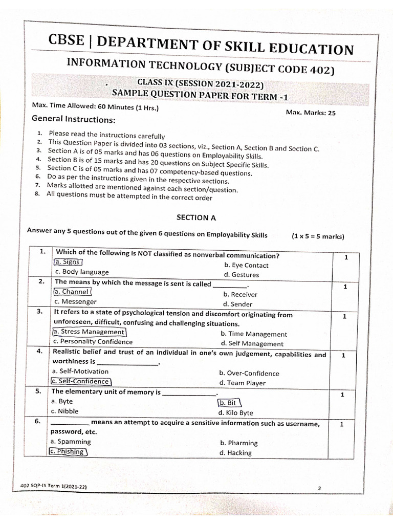 IT (402) Class - IX Sample Paper | PDF