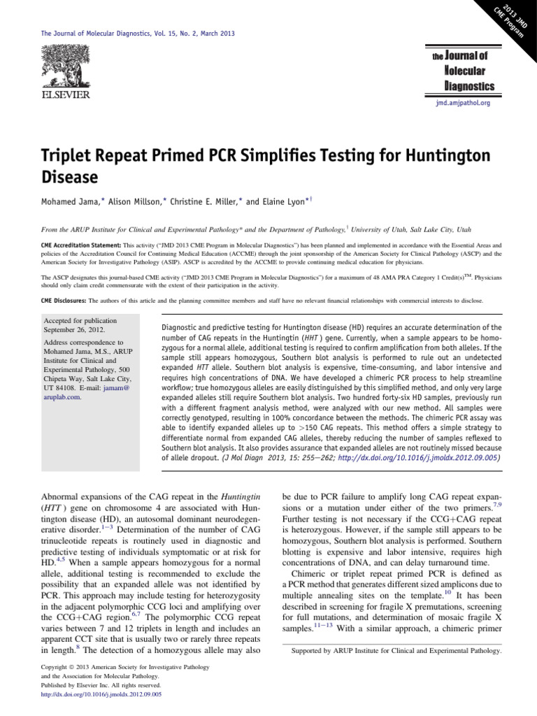Triplet Repeat Primed PCR Simplifies Testing For Huntington Disease | PDF