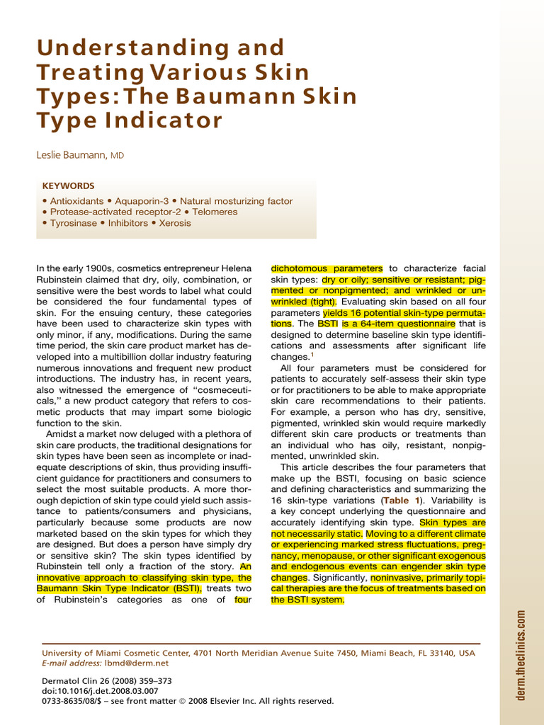 Baumann Skin Types Download Free PDF Skin Chemistry
