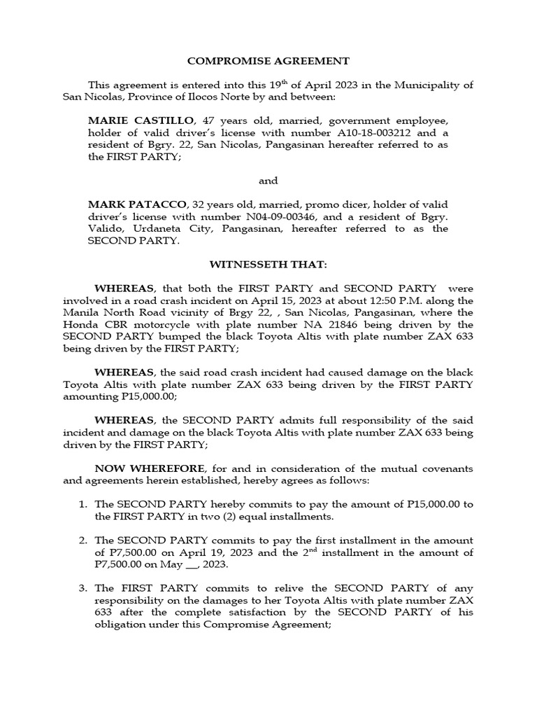 Compromise Agreement for Vehicular Accident | PDF