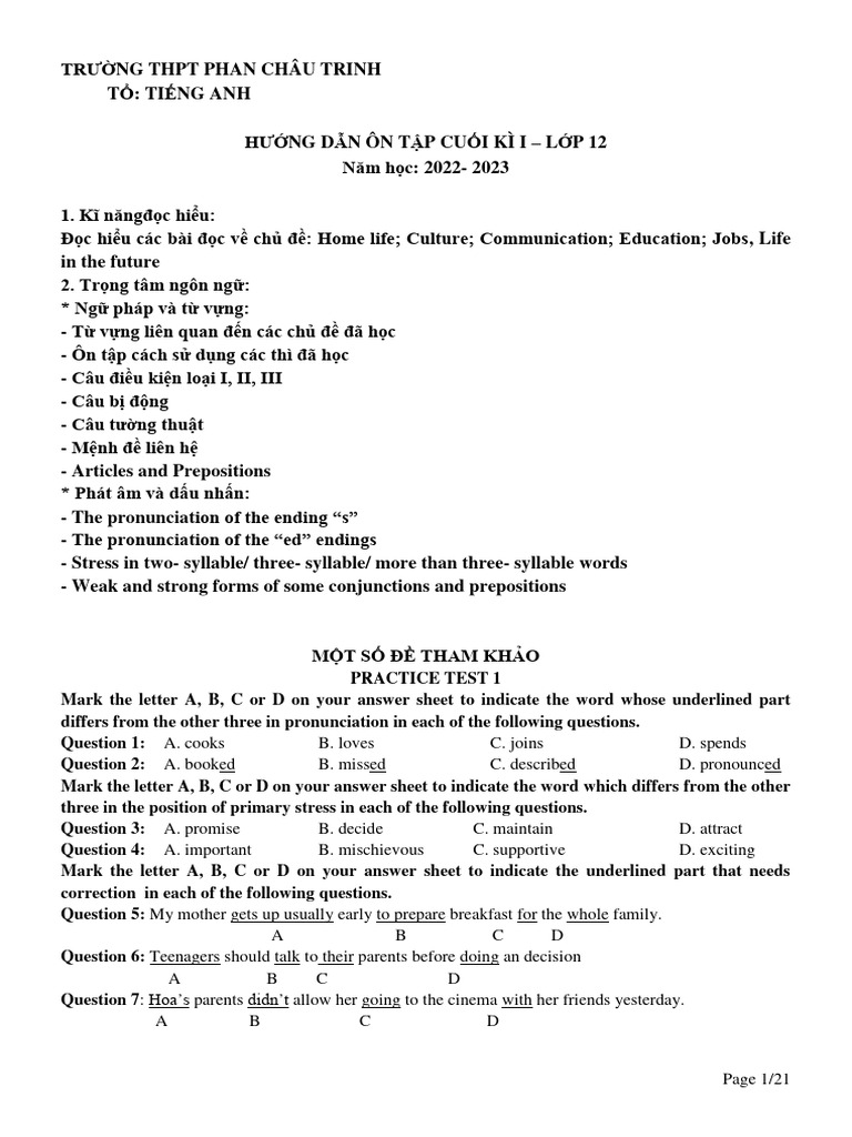 OntapCK1 2223 Anh12 | PDF | Nonverbal Communication | Family
