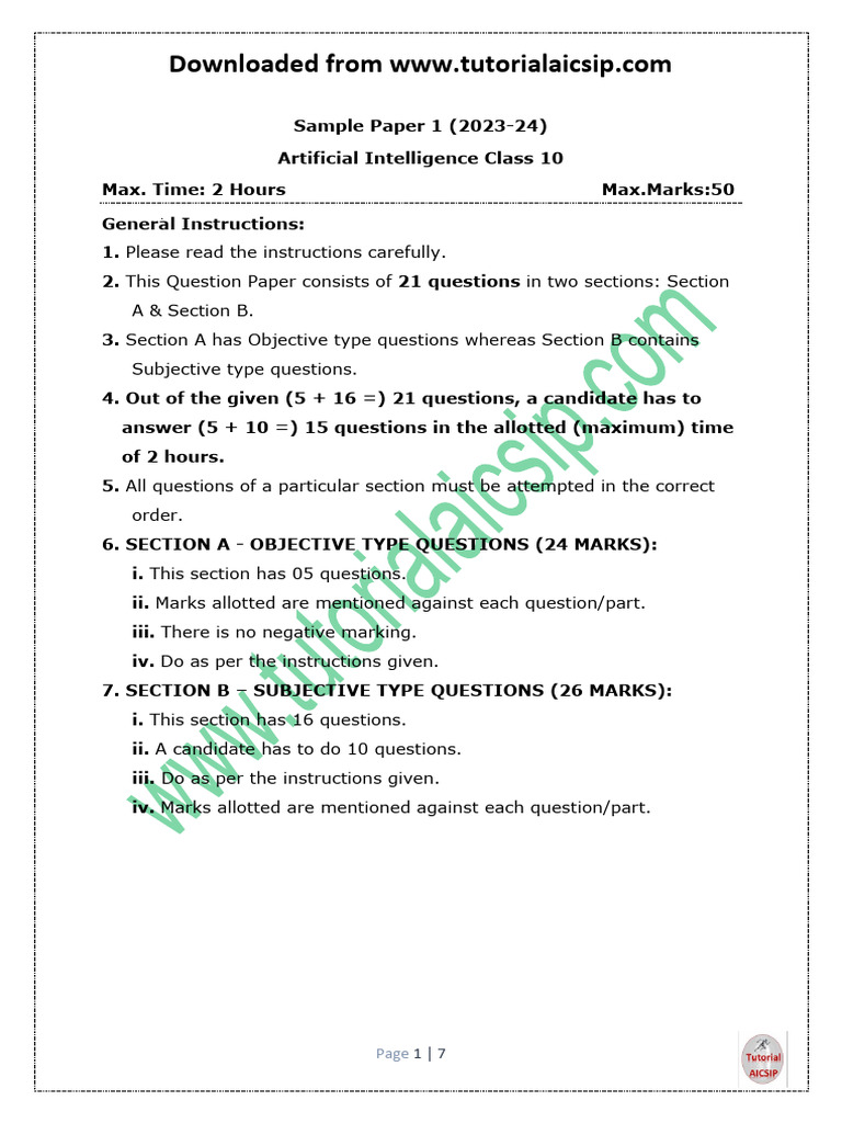 Sample paper 1 ai class 10 for 2024 pdf
