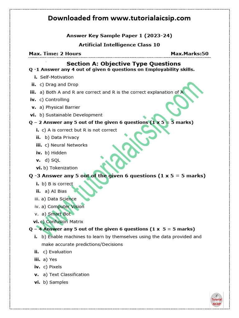 AK Sample Paper 1 AI Class 10 For 2023 | PDF | Artificial Intelligence ...
