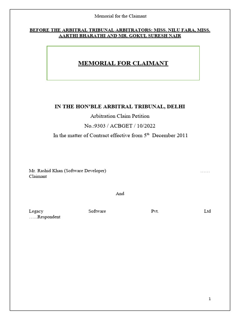 Arbitration Class Exercise Memorial | PDF