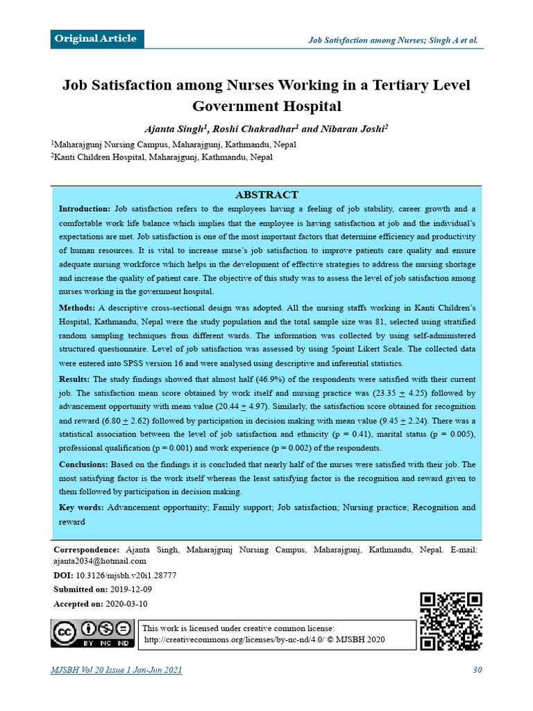 Job Satisfaction Among Nurses Working in A Tertiary Level Government ...