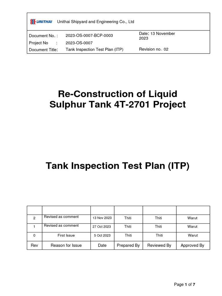 Tank Inspection Test Plan for Sulphur Tank | PDF | Business Process ...