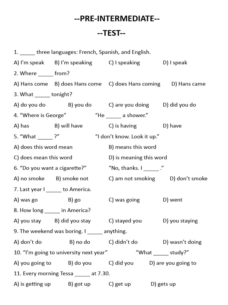 Pre Intermediate Test Pdf