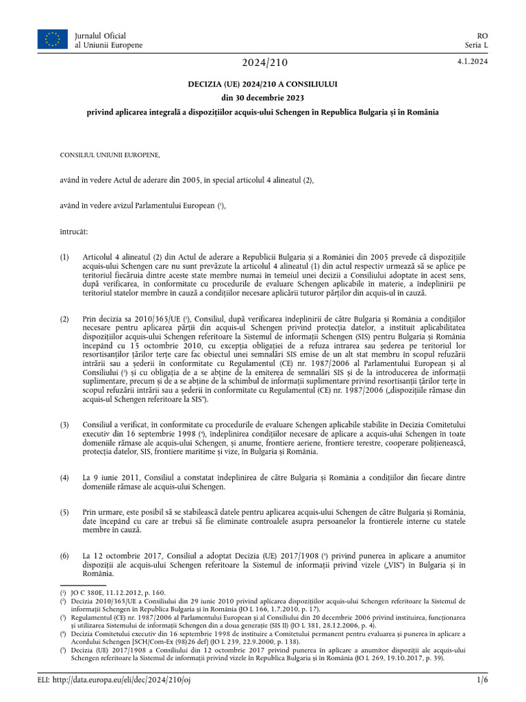 Decizia 210 Din 2024 Aderare RO Schengen Aeriene Si Maritime | PDF