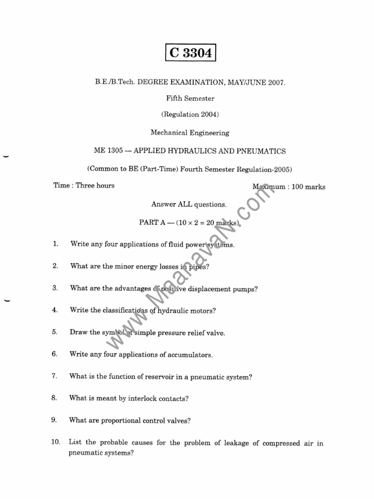 ME1305 Applied Hydraulics and Pneumatics May Jun 2007 PDF Pump Pneumatics