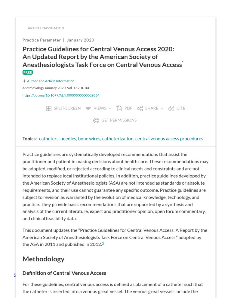 Practice Guidelines For Central Venous Access 2020 Anesthesiology