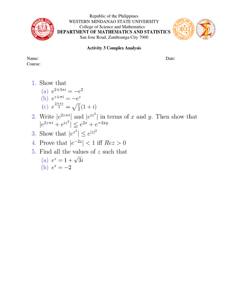 Complex Analysis Activity - WMSU | PDF