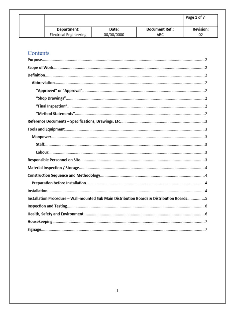 Method Statement For Installation of SubMain Distribution Boards (SMDB