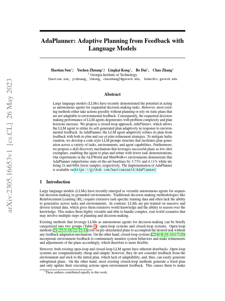 Adaplanner Adaptive Planning From Feedback With Language Models Pdf