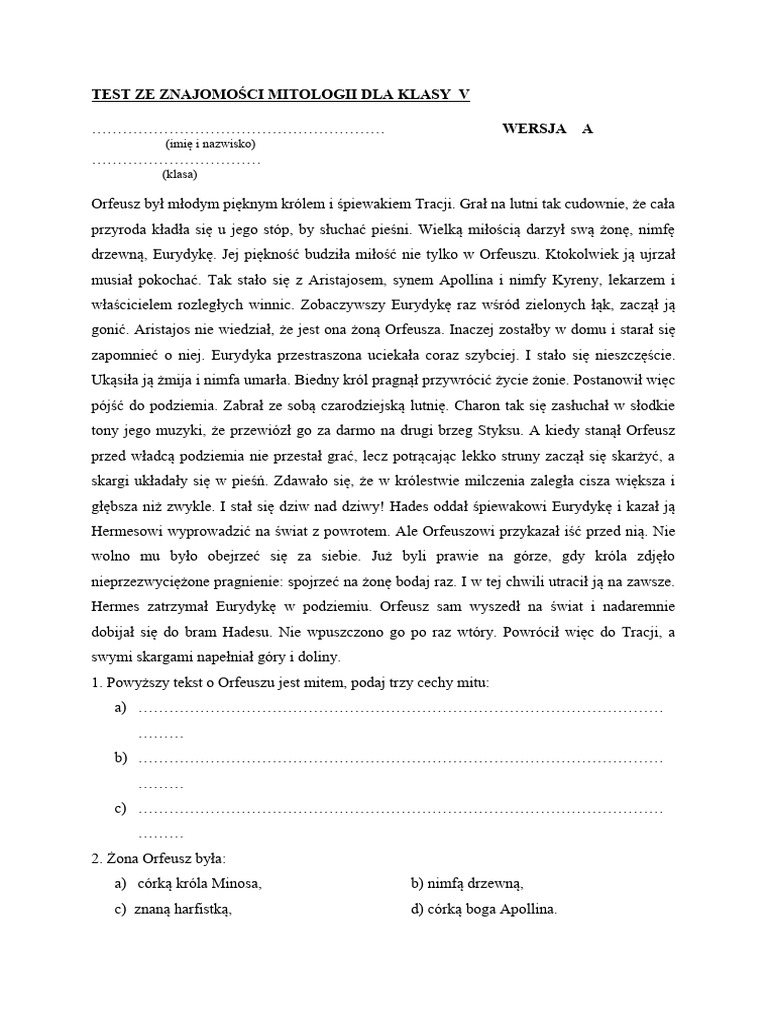 Test Z Mitologii Klasa 5 Pdf Test Ze Znajomości Mitologii Dla Klasy V | PDF