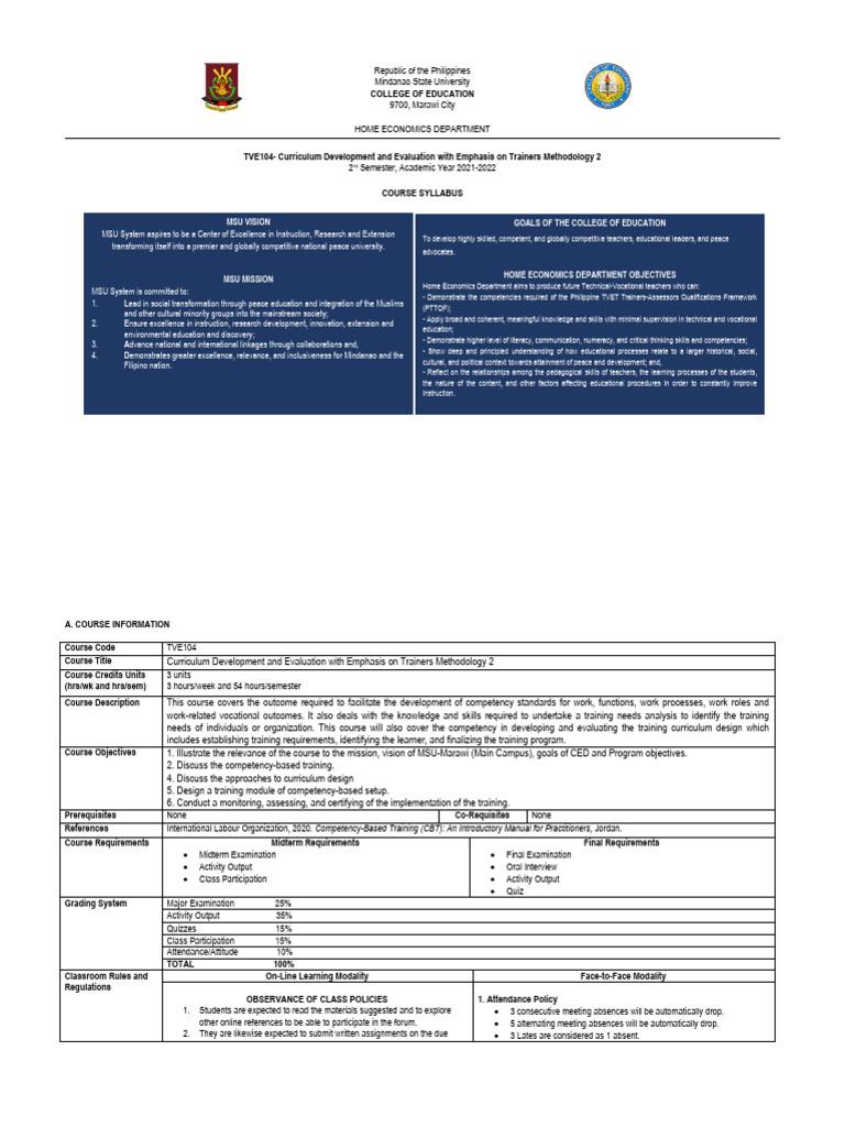 Course Syllabus - Tve104 (Updated) | PDF
