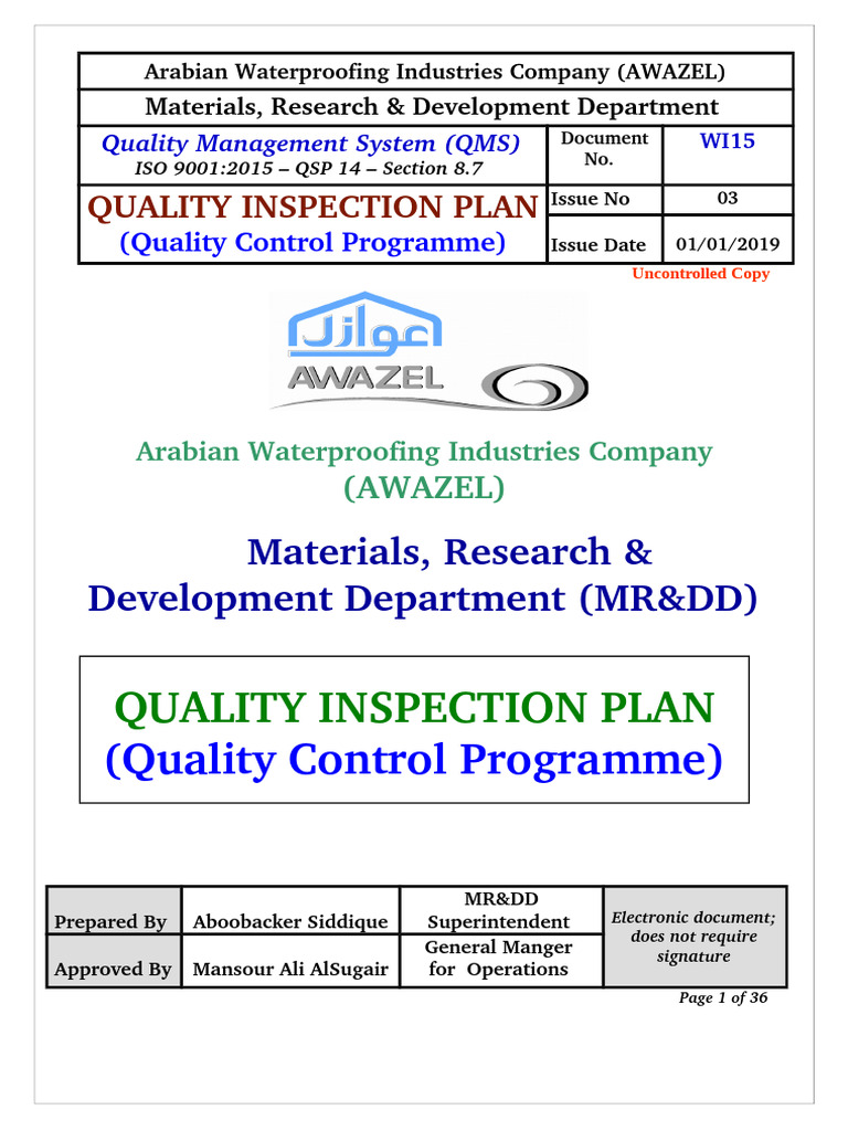 AWAZEL Quality Inspection Plan | PDF | Quality Management System ...