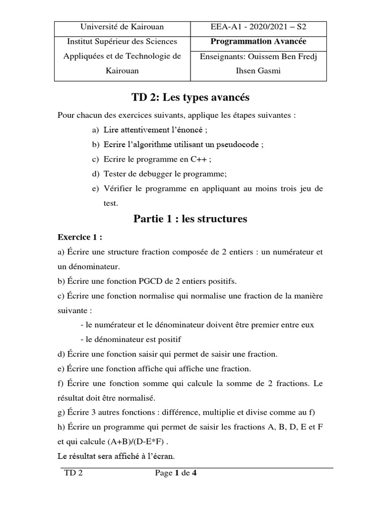 Programmation Avancée en C++ : TD Types et Algorithmes | PDF ...
