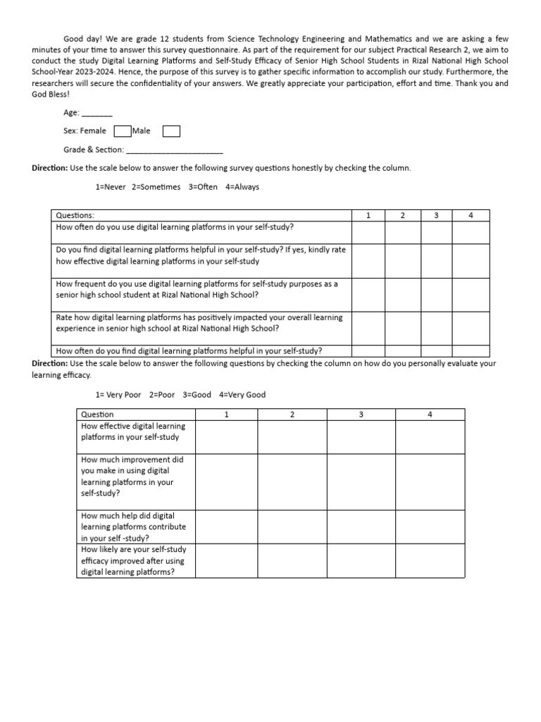 Pr2 Survey Questionnare Print | PDF