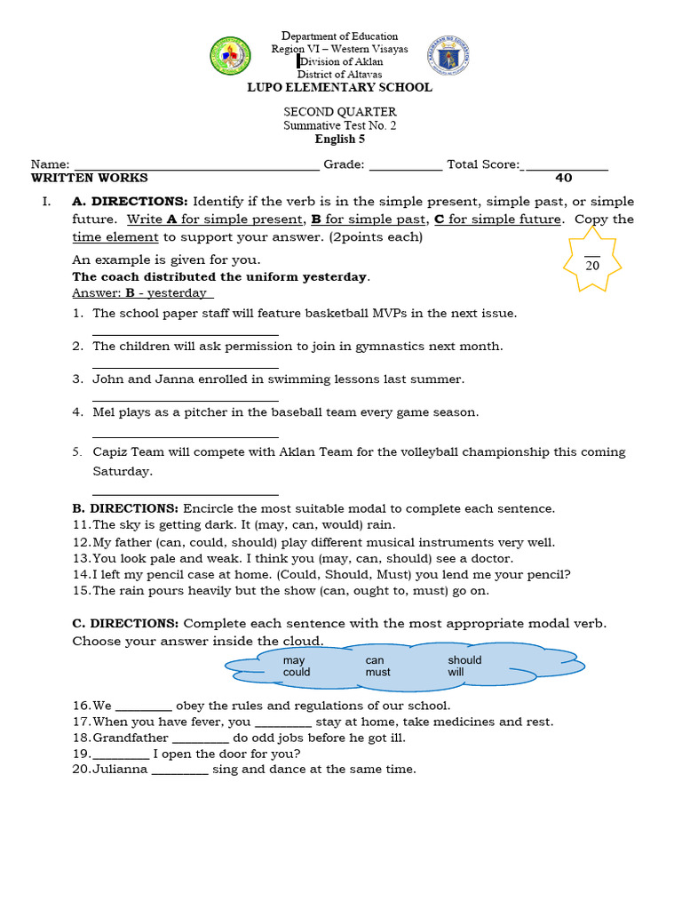 English 5 1st Summative | PDF | Grammatical Tense | Linguistics