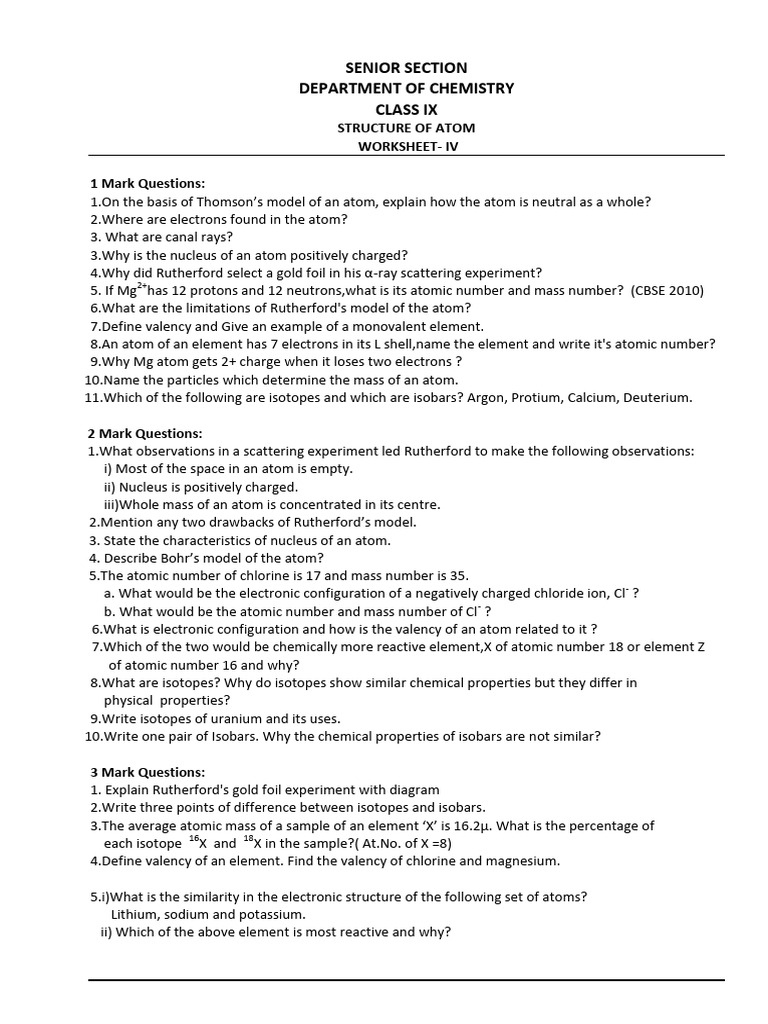CBSE Class 9 Science Worksheet Structure of Atom PDF Atoms