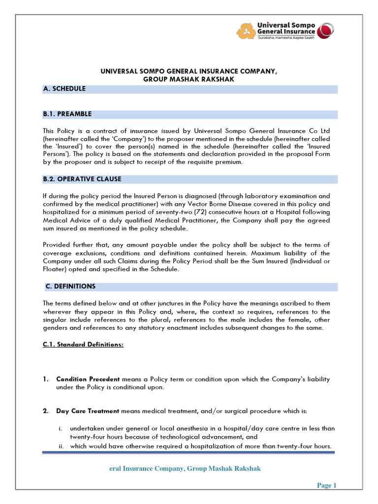 Group Mashak Rakshak Policy Wordings | PDF