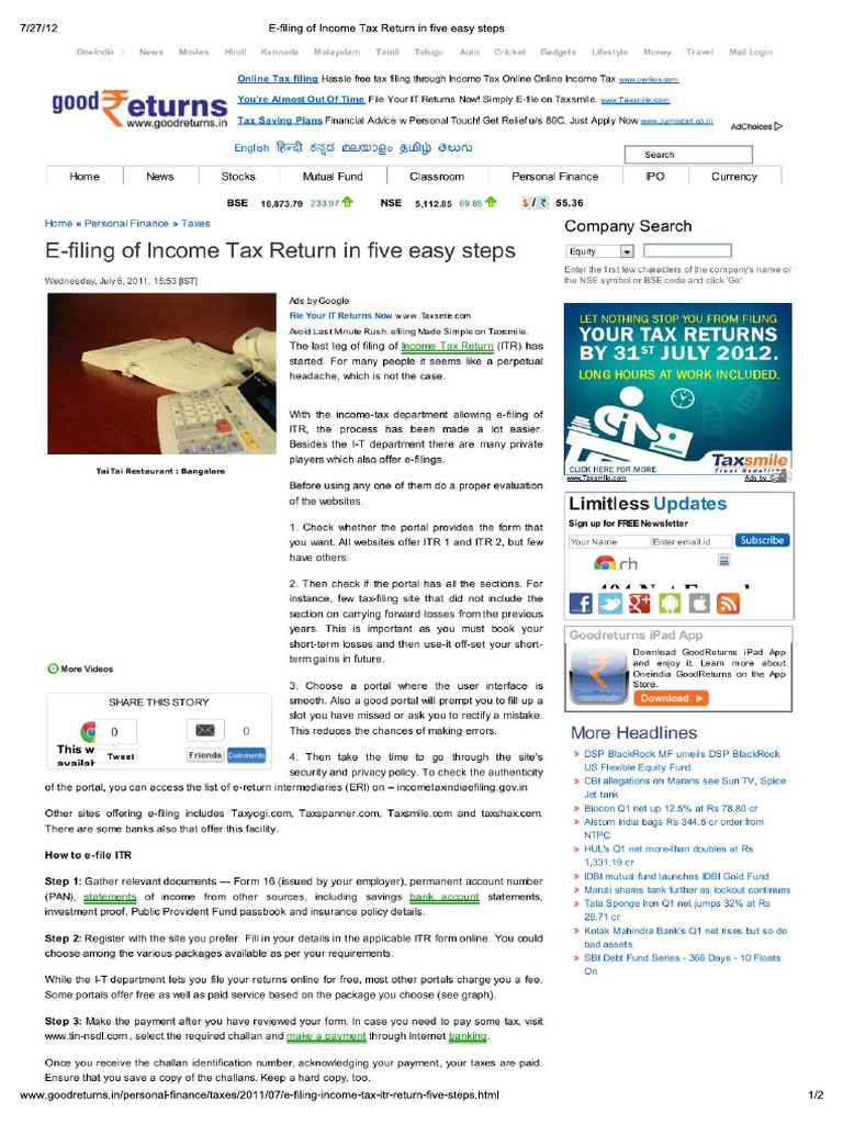 E-Filing of Income Tax Return in Five Easy Steps | PDF