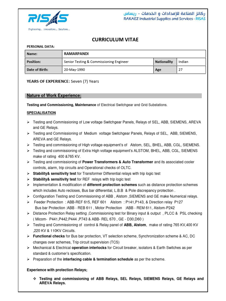 Senior Testing Engineer CV: Expertise in Electrical Systems | PDF