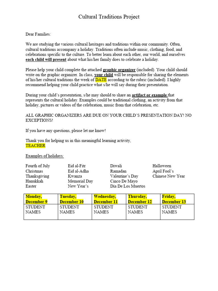 Cultural Traditions Project: Each Child Will Present About What His/her ...