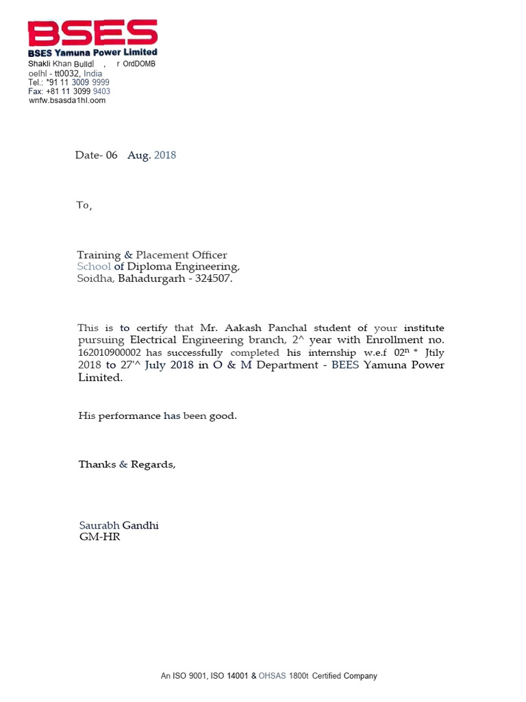 BSES Training Certificate | PDF