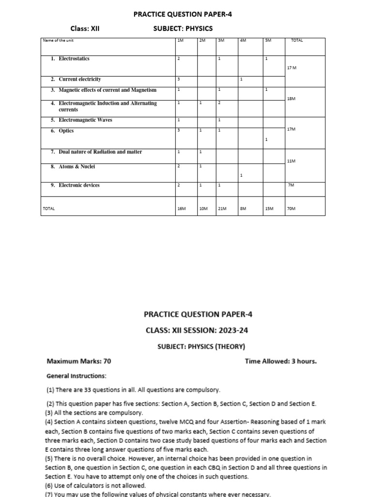 Class XII Physics Practice Paper 4 | PDF | Teaching Methods & Materials ...