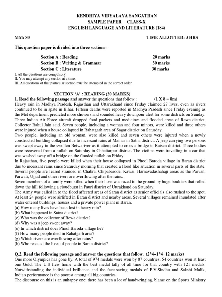 Class X English Sample Paper 184 | PDF