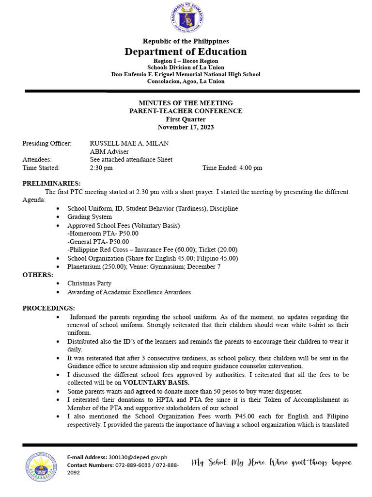 Minutes of The Meeting PTC 2023 2024 | PDF