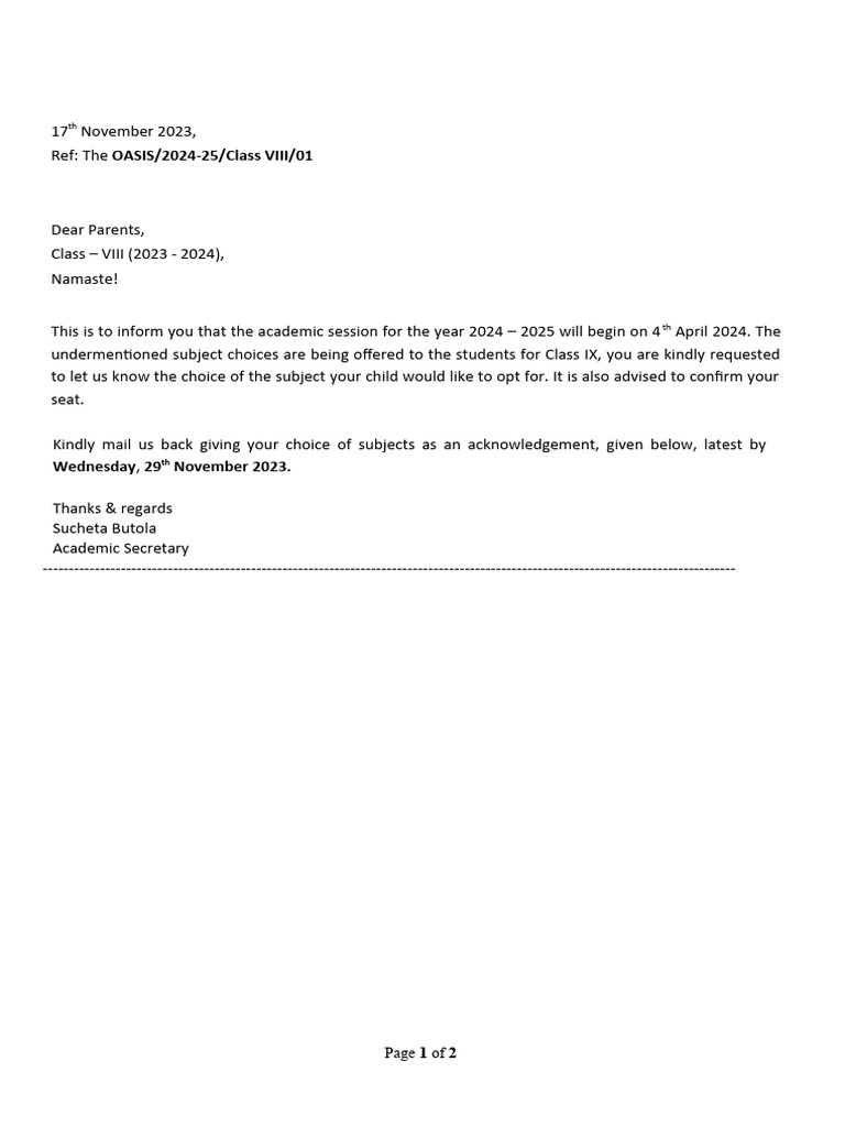 Class IX Subject Choice letter 2024 PDF